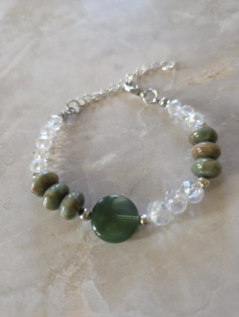 Handmade Green Bead & Clear Crystal Bracelet - Women Jewelry